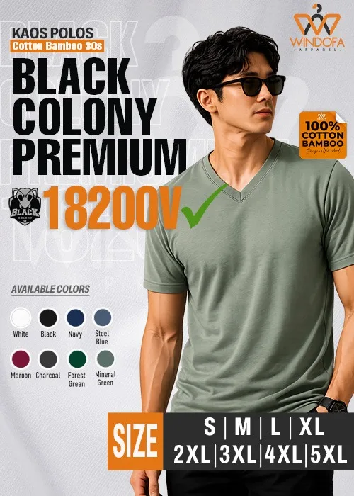 Kaos Polos Lengan Pendek V Neck Cotton Bamboo 30s Black Colony Premium 18200V