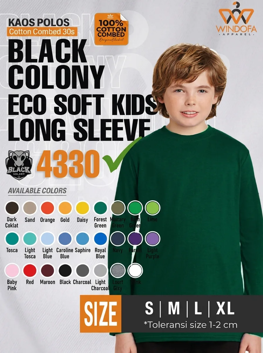 Kaos Polos Anak Lengan Panjang Cotton Combed 30s Black Colony Ecosoft 4330